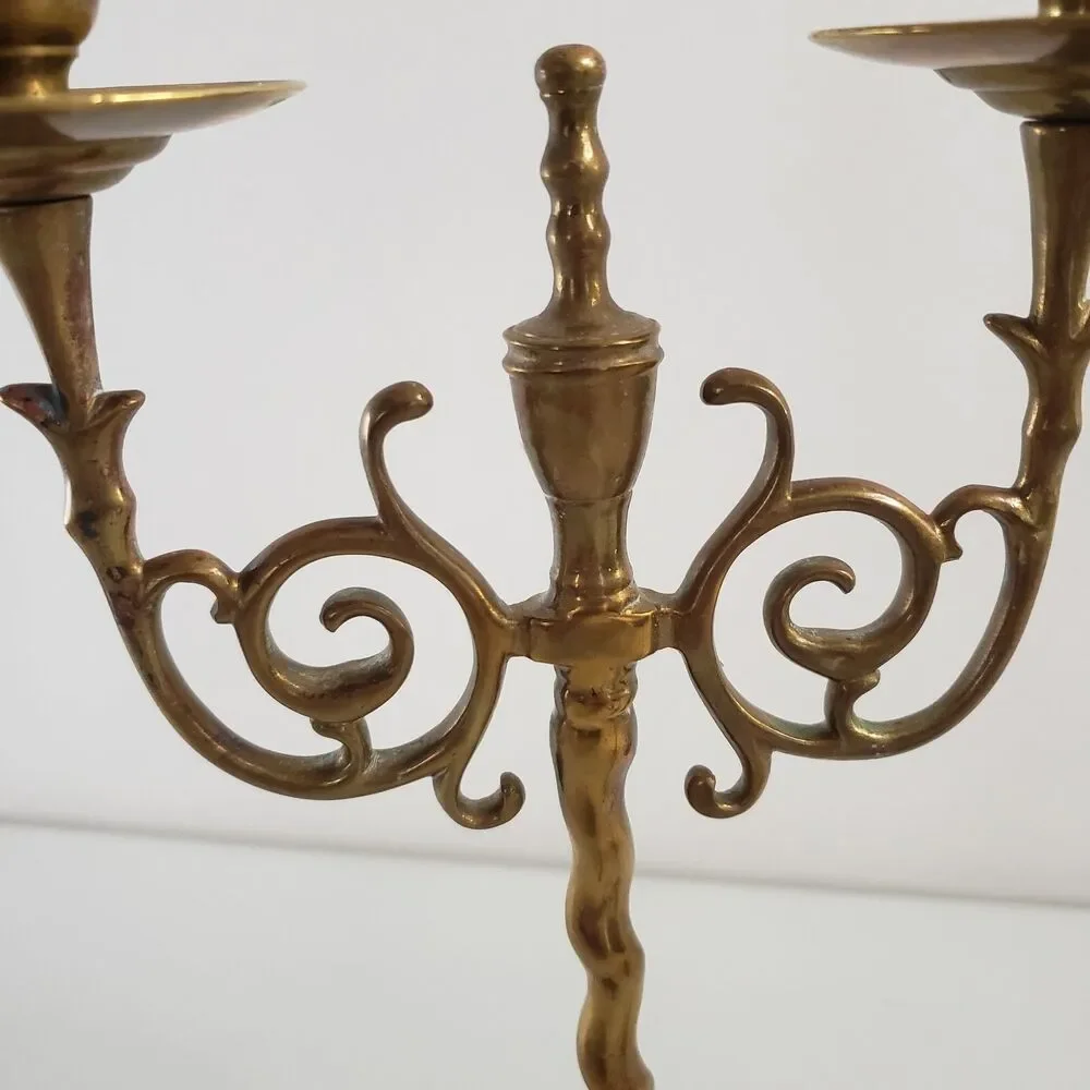 Antique Brass Candlesticks Twist Swirl Scroll Pair Double Candelabra Holders
